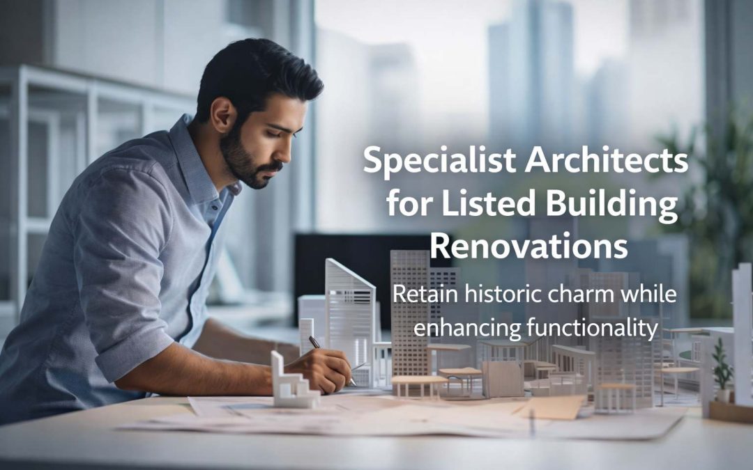 Architect working on detailed building models and plans, showcasing specialist architecture for listed building renovation in Essex.