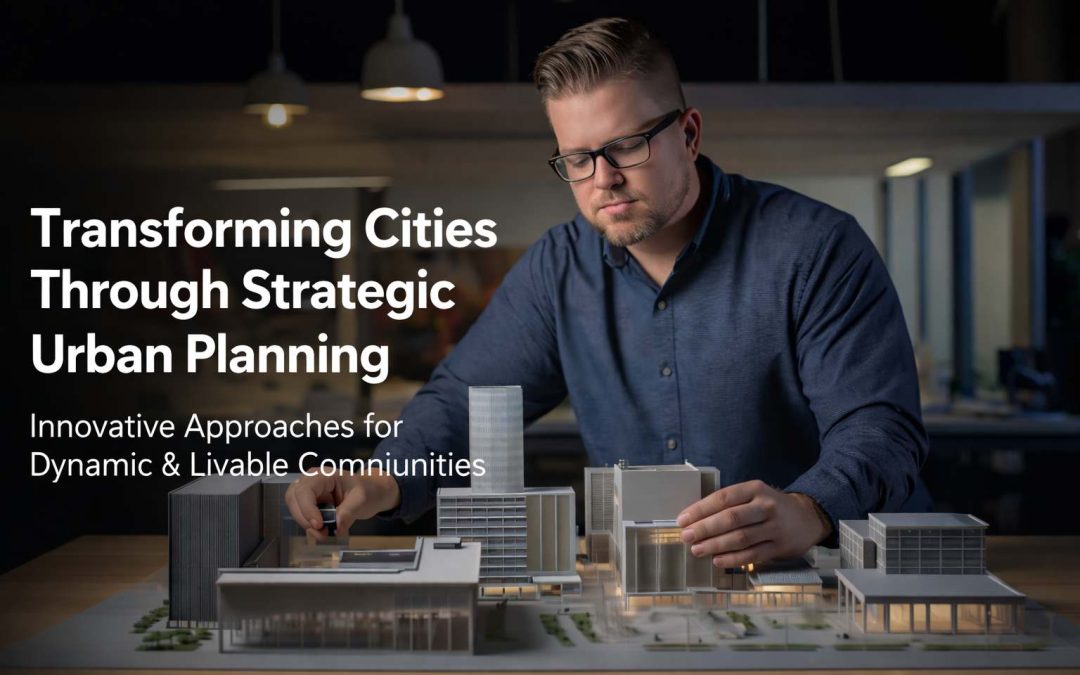 A focused urban planner works with an architectural model, illustrating innovative approaches to strategic urban planning for dynamic and livable cities.